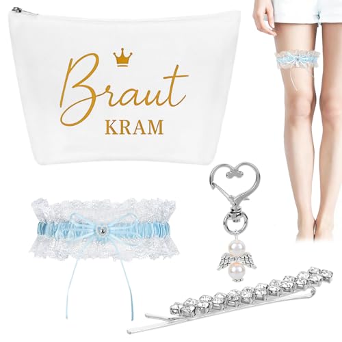 Scinzene 4er Set Braut Geschenke, JGA Accessoires Frauen, Hochzeit Accessoires, Braut Kosmetiktasche Blaues Strumpfband Hochzeit, Bride to Be JGA Deko, Ideal für JGA Party und Brautgeschen Scinzene 4er Set Braut Geschenke, JGA Accessoires Frauen, Hochzeit Accessoires, Braut Kosmetiktasche Blaues Strumpfband Hochzeit, Bride to Be JGA Deko, Ideal für JGA Party und Brautgeschen von Scinzene