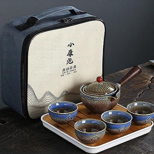 Scizorito Keramik Portable Travel Tee Set, chinesischer Kungfu Tee Set mit 360-Rotation Teekanne und Infuser, 4-Teetassen, Tee Tablett und Reisetasche (Bambus Weave Lila) von Scizorito