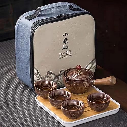 Scizorito Keramik Portable Travel Tee Set, chinesischer Kungfu Tee Set mit 360-Rotation Teekanne und Infuser, 4-Teetassen, Tee Tablett und Reisetasche (Bambusweben) von Scizorito