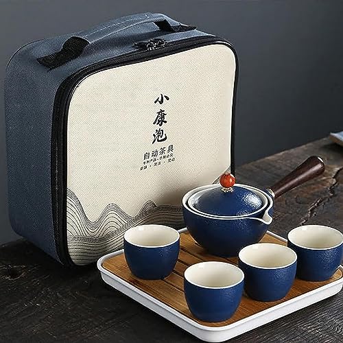 Scizorito Keramik Portable Travel Tee Set, chinesischer Kungfu Tee Set mit 360-Rotation Teekanne und Infuser, 4-Teetassen, Tee Tablett und Reisetasche (Blau) von Scizorito