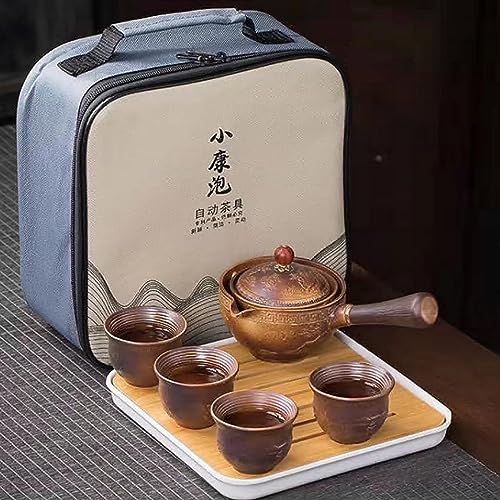 Scizorito Keramik Portable Travel Tee Set, chinesischer Kungfu Tee Set mit 360-Rotation Teekanne und Infuser, 4-Teetassen, Tee Tablett und Reisetasche (Drachenmuster) von Scizorito