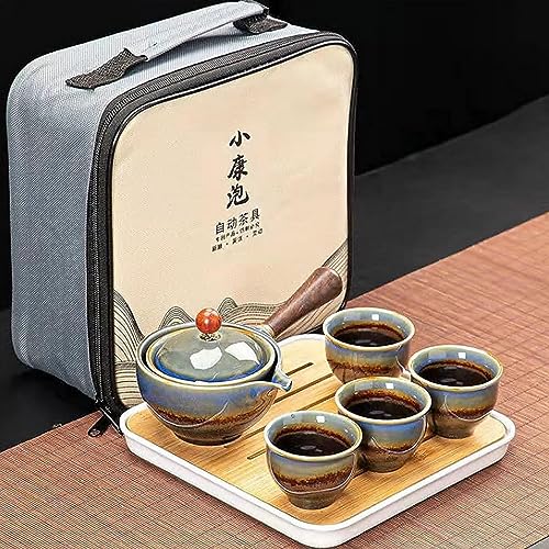 Scizorito Keramik Portable Travel Tee Set, chinesischer Kungfu Tee Set mit 360-Rotation Teekanne und Infuser, 4-Teetassen, Tee Tablett und Reisetasche (Guan-Ofen) von Scizorito