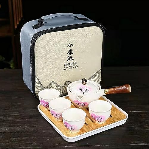 Scizorito Keramik Portable Travel Tee Set, chinesischer Kungfu Tee Set mit 360-Rotation Teekanne und Infuser, 4-Teetassen, Tee Tablett und Reisetasche (Kirschblüte) von Scizorito