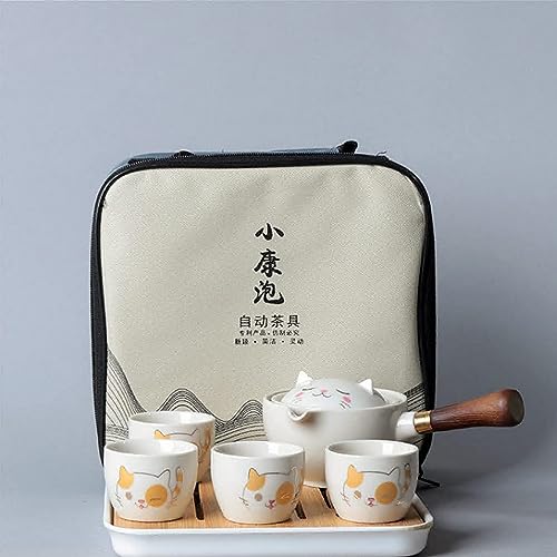 Scizorito Keramik Portable Travel Tee Set, chinesischer Kungfu Tee Set mit 360-Rotation Teekanne und Infuser, 4-Teetassen, Tee Tablett und Reisetasche (Lucky Cat) von Scizorito