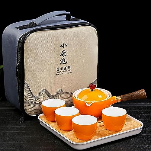 Scizorito Keramik Portable Travel Tee Set, chinesischer Kungfu Tee Set mit 360-Rotation Teekanne und Infuser, 4-Teetassen, Tee Tablett und Reisetasche (Orange) von Scizorito