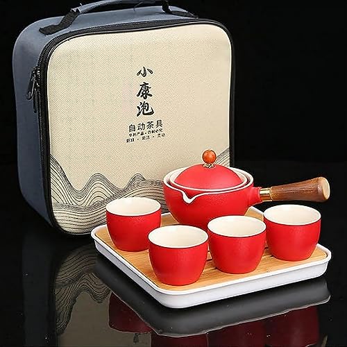 Scizorito Keramik Portable Travel Tee Set, chinesischer Kungfu Tee Set mit 360-Rotation Teekanne und Infuser, 4-Teetassen, Tee Tablett und Reisetasche (Rot) von Scizorito