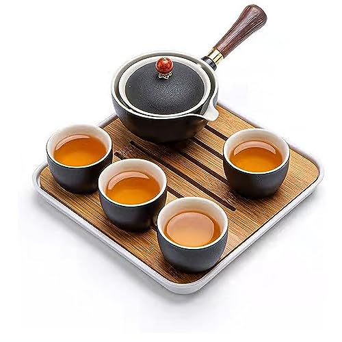 Scizorito Keramik Portable Travel Tee Set, chinesischer Kungfu Tee Set mit 360-Rotation Teekanne und Infuser, 4-Teetassen, Tee Tablett und Reisetasche (Schwarz) von Scizorito