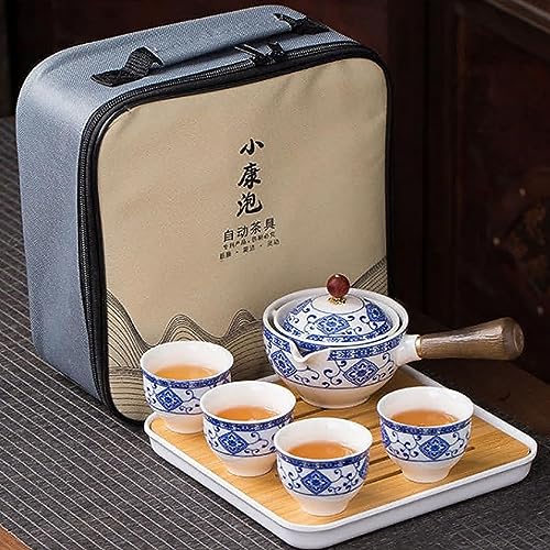 Scizorito Keramik Portable Travel Tee Set, chinesischer Kungfu Tee Set mit 360-Rotation Teekanne und Infuser, 4-Teetassen, Tee Tablett und Reisetasche (Weiß Gemustert) von Scizorito