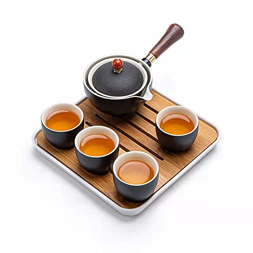 Scizorito Tragbares Teeset aus Keramik, chinesisches Kungfu mit 360 Grad drehbarer Teekanne und Teesieb, 4 Teetassen, Bambus-Tablett und Reisetasche (schwarz) von Scizorito