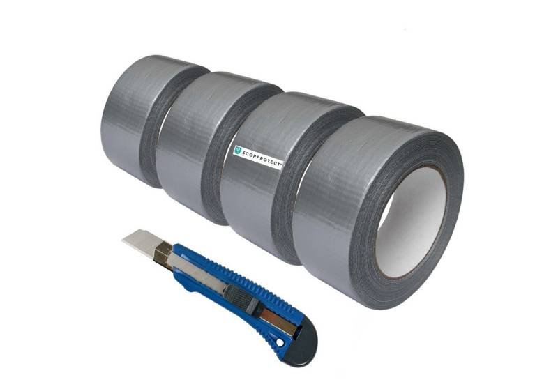 Scorprotect® Klebeband 4x Gewebeklebeband silbergrau 48 mm x 50 m + Cuttermesser von Scorprotect®