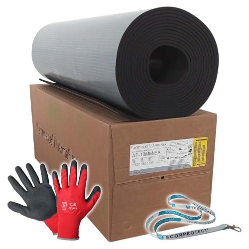 Armacell Armaflex original AF Kautschuk Platten selbstklebend + rote Handschuhe + Scorprotect® Schlüsselband (Schwarz, Isolierstärke 10 mm, 1000 x 10000 mm) von Scorprotect