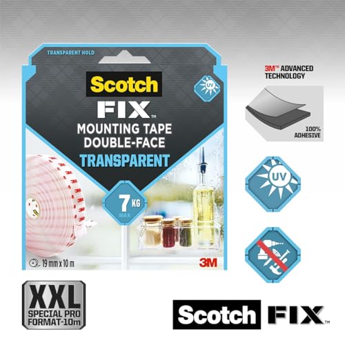 Scotch-Fix Doppelseitiges Klebeband, transparent, 1 Rolle, 19 mm x 10 m, unsichtbar für Innenräume, ideal auf Glas, Fliesen, Acryl und Metall, bis zu 7 kg von Scotch FIX
