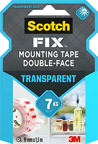 Scotch-Fix Doppelseitiges Klebeband, Transparentes Montageband - 1 Rolle (19 mm x 1,5 m), Unsichtbar & UV-beständig - Für Glas, Fliesen, Acryl & Metall - Für den Innenbereich - Hält bis zu 7 kg Scotch-Fix Doppelseitiges Klebeband, Transparentes Montageband - 1 Rolle (19 mm x 1,5 m), Unsichtbar & UV-beständig - Für Glas, Fliesen, Acryl & Metall - Für den Innenbereich - Hält bis zu 7 kg von Scotch