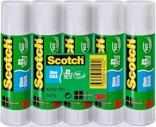 Scotch 693086 3M Permanent Klebestift - 1 Packung mit 5 Klebesticks ohne Lösungsmittel - 21g pro Stick - Mehrzweck-Klebestift für zu Hause, in der Schule oder im Büro von Scotch