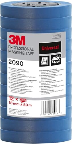 3M Pro Malerabdeckband 2090 - 12 Rollen, 18 mm x 50 m, Blau - für glatte Oberflächen, UV-beständig, innen und außen von 3M Pro