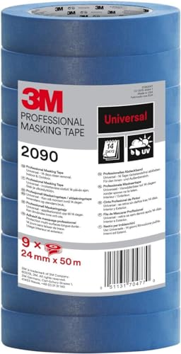 3M 2090 Profi Malerband für glatte Oberflächen, UV-beständig, innen und außen, Vorteilspack mit 9 Rollen, 24 mm x 50 m von 3M