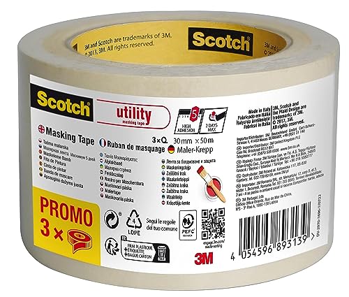 Scotch Kreppband Classic, 30 mm x 50 m (3 Rollen) - Hochwertiges Abklebeband zum Allzweck, Premium Malerkrepp für Malerarbeiten und Dekoration, 70% PEFC von ScotchBlue