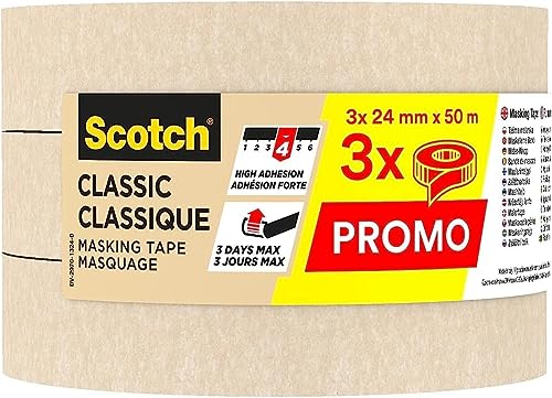 Scotch Kreppband Classic Beige, 24 mm x 50 m (3 Rollen) - Hochwertiges Universal-Abklebeband, Premium Malerkrepp für Malerarbeiten und Dekoration von ScotchBlue