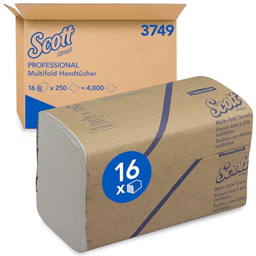 Scott Multifold Handtücher 3749, weiße, 1-lagige Papierhandtücher mit Faltung, aus FSC-zertifiziertem Papier, für das tägliche Abtrocknen der Hände, 16 Packungen x 250 Papierhandtücher (insg. 4.000) von SCOTT PROFESSIONAL