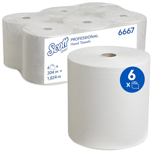 Scott gerollte Papierhandtücher 6667 - Rollenhandtuch für Spender - 6 x 304 m Papierhandtuchrollen- Weiß, Mit FSC und EU Ecolabel, 1-lagig, besonders saugfähig und reißfest von Scott