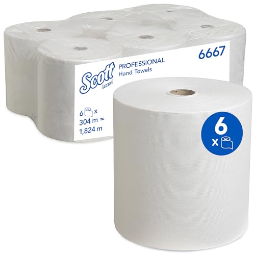 Scott gerollte Papierhandtücher 6667 - Rollenhandtuch für Spender - 6 x 304 m Papierhandtuchrollen- Weiß, 1-lagig, besonders saugfähig und reißfest von Scott