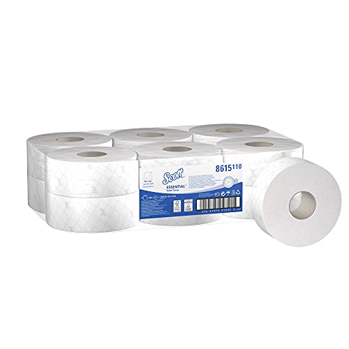 Scott Essential Jumbo Toilettenpapierrollen 8615 – 2-lagiges Toilettenpapier – 12 Rollen mit je 500 weißen Blättern (2.400 m) von Scott