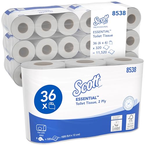 Scott Essential Toilettenpapier Standardgröße 8538, 2-lagiges Klopapier, weißes FSC-zertifiziertes WC-Papier, Standardgröße, 36 Rollen x 320 Blatt, (insg. 11.520 Blätter) von Scott