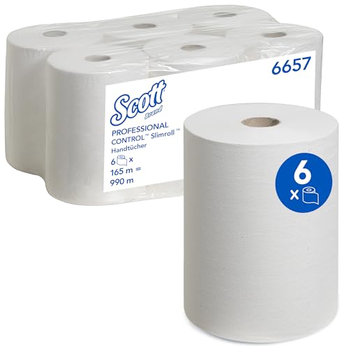 Scott gerollte Papierhandtücher Slimroll 6657 - Rollenhandtuch für Spender - 6 x 165 m lange Papierhandtuchrollen - weiß, 1-lagig, besonders saugfähig und reißfest von Scott