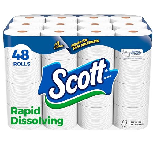 Scott Toilettenpapier, schnell löslich, 48 Doppelrollen (6 x 8 Stück) = 96 reguläre Rollen, 231 Blatt pro Rolle, hergestellt für Wohnmobile und Boote von Scott
