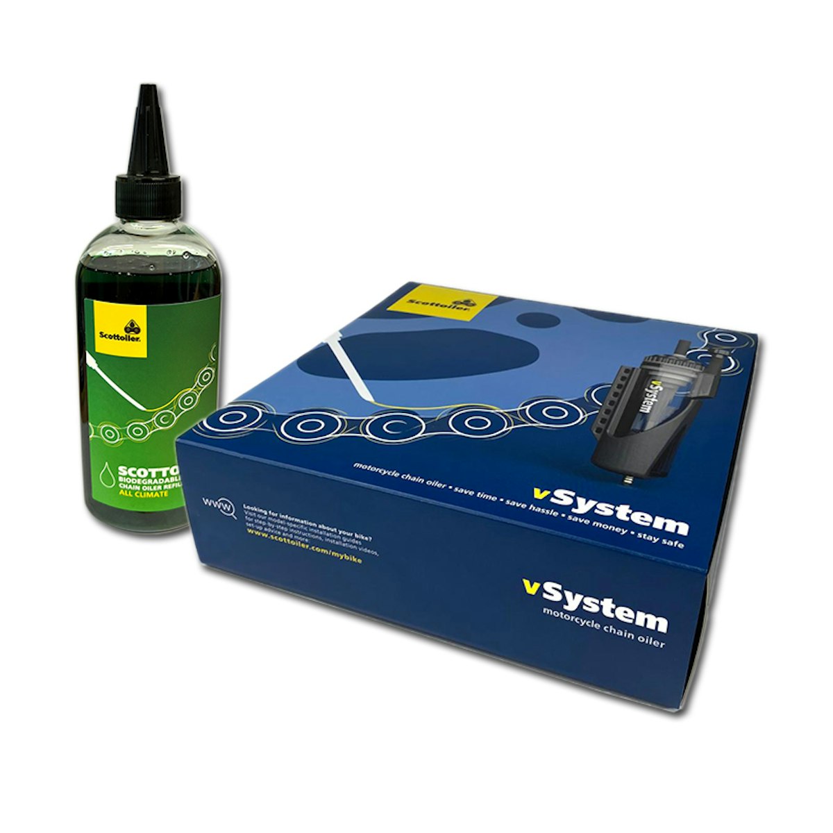 Scottoiler - vSystem, Scottoiler Kit: vSystem inkl. 250ml grünes Bio-Öl Scottoiler - vSystem, Scottoiler Kit: vSystem inkl. 250ml grünes Bio-Öl von Scottoiler