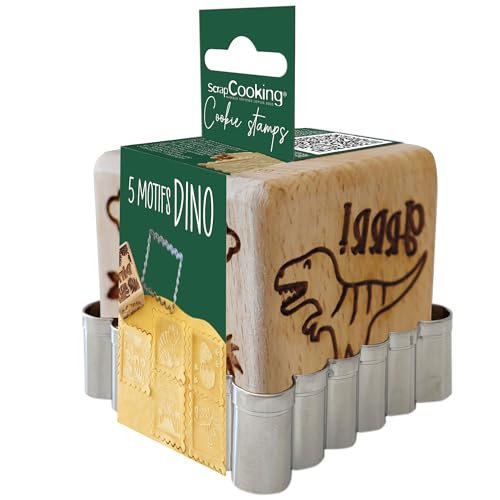 SCRAP COOKING ScrapCooking – Backstempel aus Holz mit Dinosaurier-Motiv – mit 1 Ausstechform Keks & Würfel mit 5 Seiten mit Relief – Form Dekoration Dino Jungle – 5299 von ScrapCooking