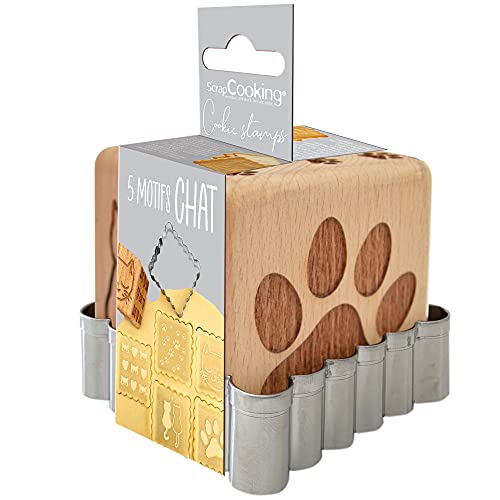 ScrapCooking Backstempel aus Holz mit Katzenmotiven mit 1 Ausstecher, Keks- & Würfel-Deko, mit 5 gravierten Seiten in Reliefform, Dekoration, Weiß, Schwarz von ScrapCooking