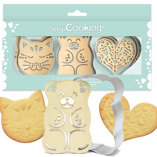 ScrapCooking - 3er Ausstecher & Stempel Set - Katze, Teddybär & Herz - Ausstecher für Plätzchen, Kekse, Fondant - Edelstahl Ausstecher & Holz Stempel – Tiere, Süßer Bär - 2111 von ScrapCooking