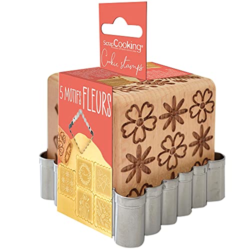 ScrapCooking Stempel zum Backen aus Holz mit Blumenmotiven mit 1 Ausstecher Keksausstecher & Würfel Deko Blume mit 5 Seiten graviert in Relief-Moule Dekoration -5122 von ScrapCooking