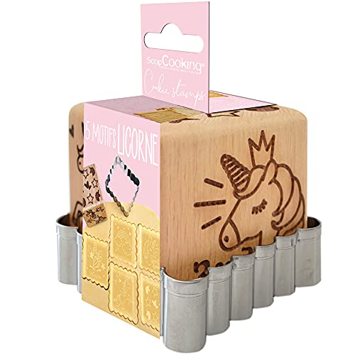 ScrapCooking Stempel zum Backen aus Holz mit Einhorn-Motiv, mit 1 Ausstecher, Kekse & Würfel, Deko mit 5 Seiten, Relief-Moule Dekoration -5123 von ScrapCooking