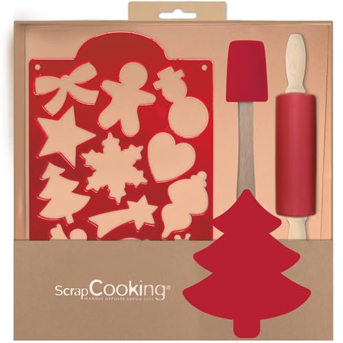 ScrapCooking - Weihnachten Kinder Backset - Mit Spatel, Teigrolle & 1 Ausstechform für Kekse mit 12 Motiven - Geschenkset Backform & Ausstecher - Holz Silikon Kochset - 1142, Rot von ScrapCooking