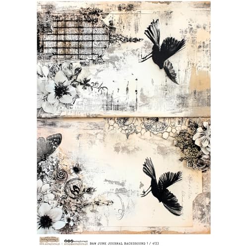 Reispapier A4 Scraplove - Scrapbooking Decoupage - B&W Junk Journal Background 1 Blumen Vögel Reispapier A4 Scraplove - Scrapbooking Decoupage - B&W Junk Journal Background 1 Blumen Vögel von ScrapLove