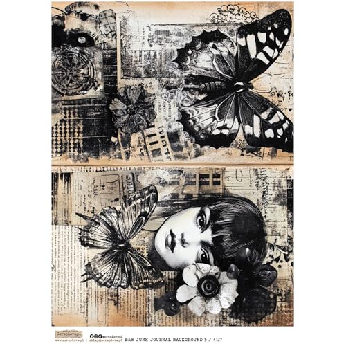 Reispapier A4 Scraplove - Scrapbooking Decoupage - B&W Junk Journal Background 5 Schmetterling Gesicht Frauen Reispapier A4 Scraplove - Scrapbooking Decoupage - B&W Junk Journal Background 5 Schmetterling Gesicht Frauen von ScrapLove