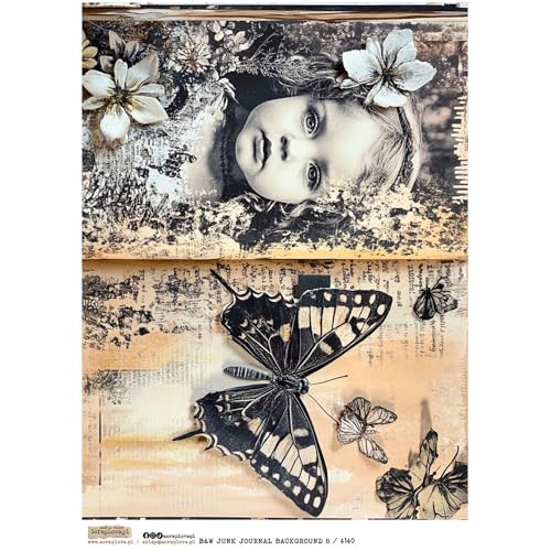 Reispapier A4 Scraplove - Scrapbooking Decoupage - B&W Junk Journal Background 8 Schmetterling Mädchen Reispapier A4 Scraplove - Scrapbooking Decoupage - B&W Junk Journal Background 8 Schmetterling Mädchen von ScrapLove