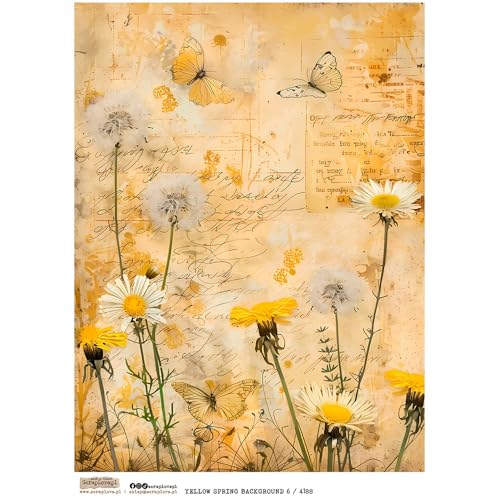 Reispapier A4 Scraplove - Scrapbooking Decoupage - Yellow Spring Background 6 Streublumen Pusteblumen Schmetterlinge Reispapier A4 Scraplove - Scrapbooking Decoupage - Yellow Spring Background 6 Streublumen Pusteblumen Schmetterlinge von ScrapLove