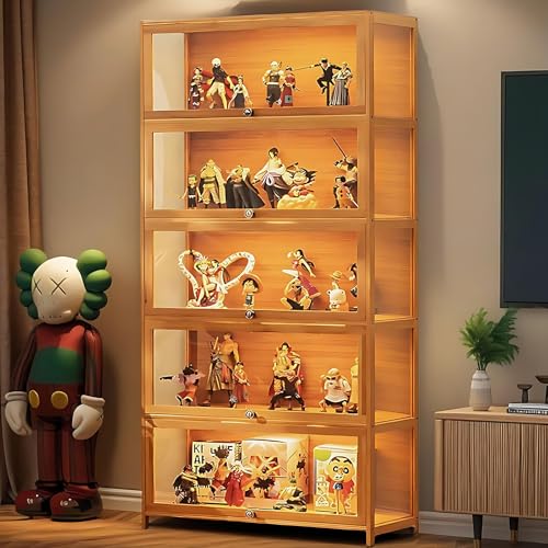 Scribora Standvitrine mit Acrylglas, 5 Böden Glas Vitrinenschrank, Dreiseitiger Transparenter Geschirrschrank, Bücherschrank mit Türen, für Wohnzimmer,Schlafzimmer,Büro (Braune Klapptür) von Scribora