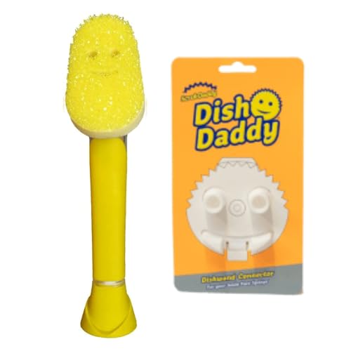 Scrub Daddy Dish Daddy Spülstab und Verbindungskopf, Seifenspenderbürste, Texturwechsel-Spülschwamm mit Flüssigkeitsgriff, Geschirrschwamm mit integriertem Schaber, Scheuerkopf und Ständer, Gelb von Scrub Daddy