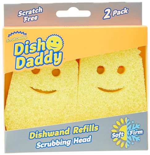 Scrub Daddy Spülstab-Schwamm-Ersatzköpfe, Seifenspender-Scheuerbürste, Texturwechsel-Spülbürste mit Flüssigkeitsspender, Bürsten mit Schaber und abnehmbaren Kopfschwämmen, 2 Stück Gelb von Scrub Daddy