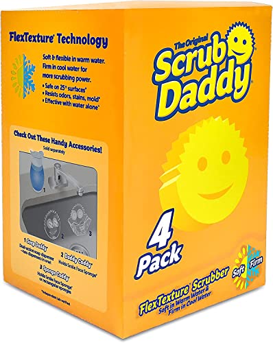 Scrub Daddy Original Spülschwamm, Reinigungsschwamm Gesicht Form - Texturveränderung, Kratzfreier Schwamm Küche, Radierschwamm Schmutzradierer, Putzschwämme Spülmaschinenfest - 4er-Pack Gelb von Scrub Daddy