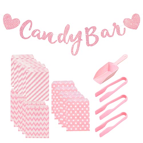 Sctmda Candy Bar Zubehör 3 Stück Zuckerzange 75 Candy Bar Tüten und Candybar Girlande Banner und Eisschaufel Candy Bar Deko Set Schaufeln Zuckerzange Set Dekoration Zubehör von Sctmda