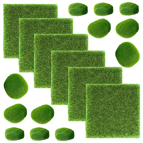 Sctmda Künstliche Rasen 6 Stück Kunstrasen Künstliche Moos Miniatur Garten Verzierung Simulation Gras Rasen Kunstrasenteppich 15x15cm und Künstliche Moos Steine in 3 Größe für DIY von Sctmda