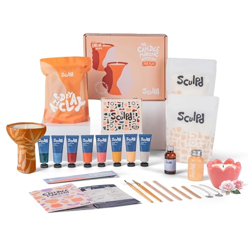 Sculpd Kerzenherstellung Töpferei Kit mit lufttrockenem Ton und Acrylfarbe Set, Anfänger Kerze Starter Kit für Erwachsene mit ungiftigem Öko-Sojawachs, duftendem Duftöl, Kerzenlack, Werkzeugen und von Sculpd