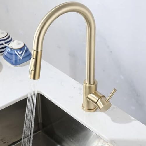 SdaryWare Küchenarmatur mit ausziehbarer Brause Küchenspülenarmaturen Edelstahl Teleskop Heiß- und Kaltwasser Schwenkbar Multifunktions-Küchenmischer-Wasserhahn-Schwarz,Brushed Gold-A von SdaryWare