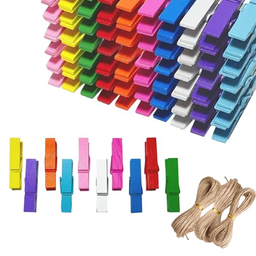 250 Stück Wäscheklammern & 3 Stück Bindfaden String Bild Hängende Schnur & Holz Wäscheklammern für Bastelarbeiten Schlafzimmer Klassenzimmer Café Dekoration Mix Farben 3,5 x 0,7 cm Clips 10 m Jute Sei von Sdhgerh
