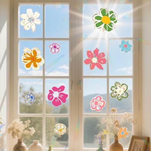 Sdhgerh Gänseblümchen Fensterdeko Selbstklebend Fensterbilder Frühling Doppelseitig Fensterfolie Ölgemälde Blumen Fenstersticker Reflektierende Vogelschutz Folie Fensteraufkleber von Sdhgerh
